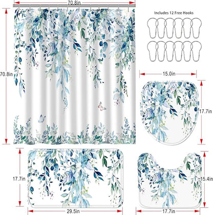 16 Pcs Blue Eucalyptus Shower Curtain Set with Absorbent Rugs and Metal Hooks,Premium 120gsm Heavy Weight Fabric Shower Curtain,Botanical Bathroom Deco (B-Blue)