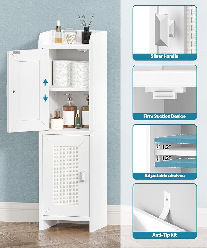 Akxomel Rattan Small Bathroom Cabinet Narrow Toilet Paper Organizer White | 7.9''D x 7.9''W Bathroom Organizer and Storage Cabinet for Small Space, Slim Corner Unit with Adjustable Shelf