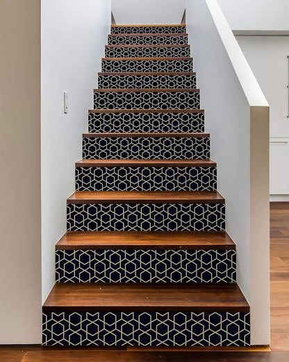 FLFK Stair Riser Decals,Rhombic Black and Gold Texture Vinyl Sticker for Stairs Decoration,14Pcs 39.3"X7.08"