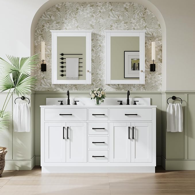 60-Inch Bathroom Vanity with Double Sinks W/ 4 Doors & 4 Drawers & 2 Flip Drawers, White Vanity W/Matte Black Handles
