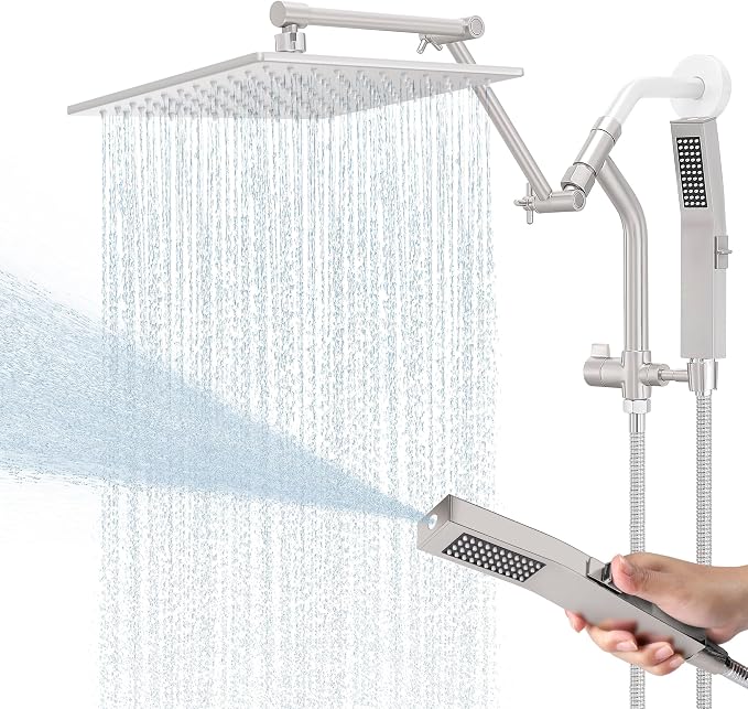 All Metal 10 Inch Rain Shower Head with Handheld Built-in Power Wash Mode, High Pressure Waterfall Rainfall Square Shower Heads with 16" Adjustable Extension Arm, Dual Showerhead(Brushed Nickel)