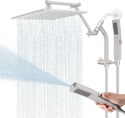 All Metal 10 Inch Rain Shower Head with Handheld Built-in Power Wash Mode, High Pressure Waterfall Rainfall Square Shower Heads with 16" Adjustable Extension Arm, Dual Showerhead(Brushed Nickel)