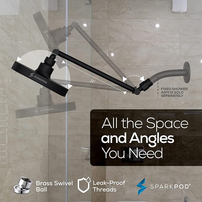 SparkPod 6" Round Rain Shower Head with 11" Shower Arm | Shower Head & Extension Arm Combo, Height Adjustable, High Pressure Performance, Easy 1-Minute Installation, Black Matte