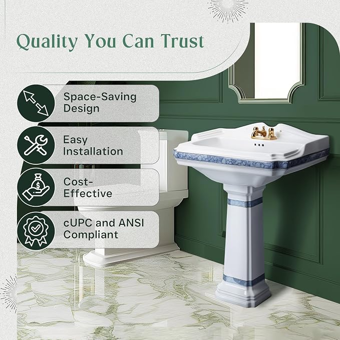 Renovators Supply Manufacturing India Reserve 23" W x 34.25" H x 18.5" Proj. Ornate Blue Gold Bathroom Pedestal Sink, Vitreous China, Compatible with 4 in. Centerset Faucets