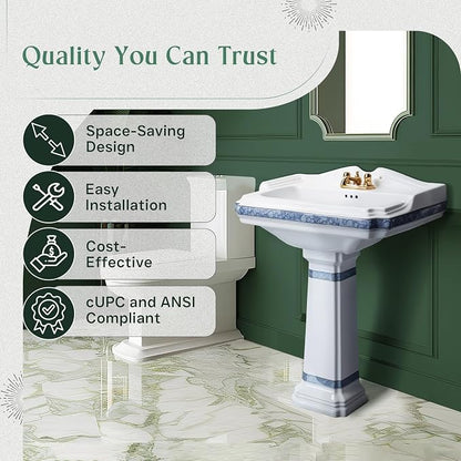 Renovators Supply Manufacturing India Reserve 23" W x 34.25" H x 18.5" Proj. Ornate Blue Gold Bathroom Pedestal Sink, Vitreous China, Compatible with 4 in. Centerset Faucets