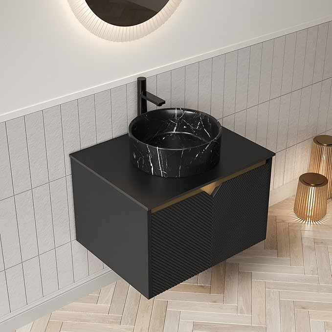 24 Inch Bathroom Vanity with Sink, Floating Fluted Vanity with Vessel Sink, Small Wall Mounted Bathroom Vanity Cabinet with 2 Doors, Black Round Ceramic Sink & Sintered Stone Top, Black