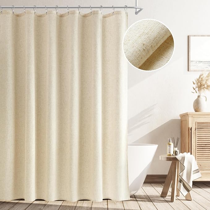 84 Inch Linen Shower Curtain, Extra Long Weighted Thick Fabric Bath Shower Curtain Set with Hooks, XLong Tall Country Farmhouse Beige Cloth Curtains for Bathroom, 72x84，Cream Beige