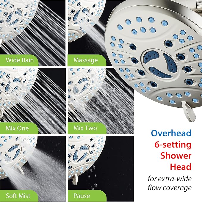 AquaCare 48-mode High Pressure 3-way Shower Head Combo w/ 2-mode Power Wash | Pure Clean Jets, Dual Handheld Power Wash for Tub, Tile & Pets, Long 6 ft. Stainless Steel Hose, Extra Wall Bracket / Nickel