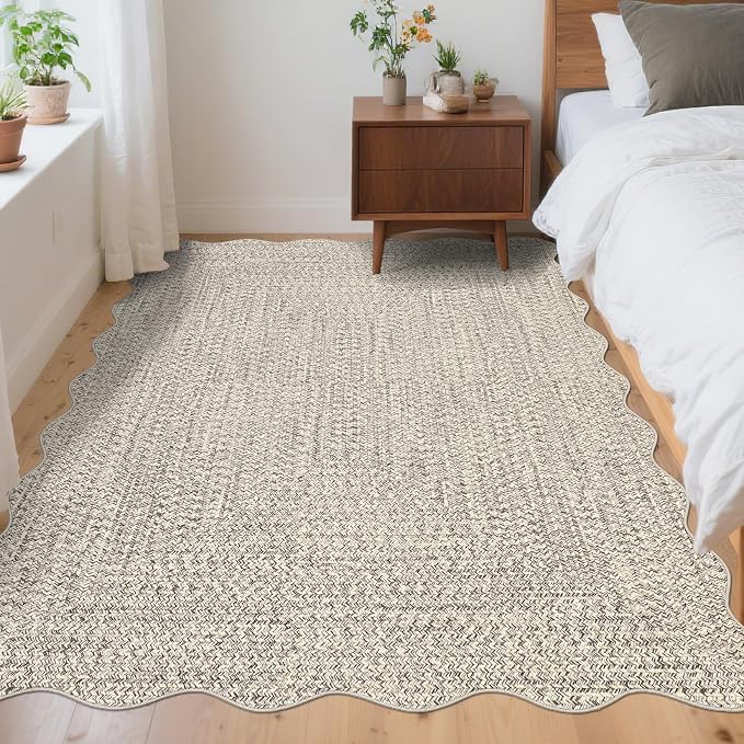 Imitation Braided Collection-Print Washable Area Rug 3x5 Scalloped Entryway Rug with Non Slip Rubber Backing, Farmhouse Soft Low Pile Rustic Accent Rug for Living Room Bedroom Playroom