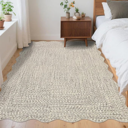 Imitation Braided Collection-Print Washable Area Rug 3x5 Scalloped Entryway Rug with Non Slip Rubber Backing, Farmhouse Soft Low Pile Rustic Accent Rug for Living Room Bedroom Playroom