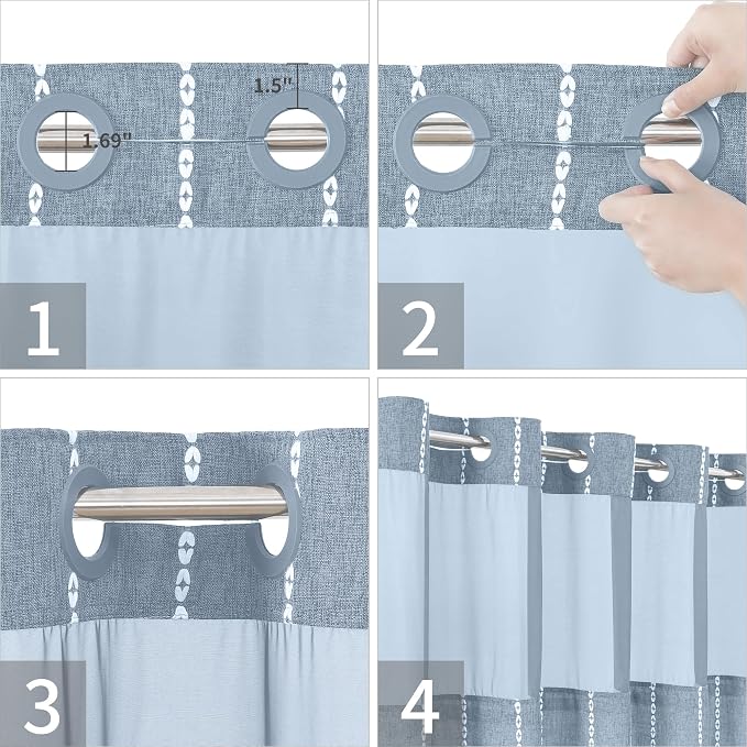 eachope Boho Farmhouse No Hook Shower Curtain Set with Snap-in Fabric Liner,Heavy-Duty Linen Textured Rustic Striped Design,Water-Repellent with Tassels and Sheer Window,Blue,71x74 | Snap-in Liner,330GSM Thick Linen Textured Rustic Striped Design,Water...
