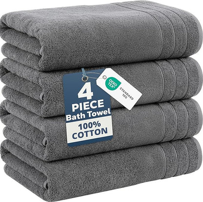 Casa Platino 100% Cotton Bath Towels Set of 4 (30"x60") - Ring Spun Mercerized Cotton Bathroom Towel Sets - Quick Dry, Soft & Absorbent Grey Towels Set - Pre Shrunk, Fade Resistant - Ultimate Grey