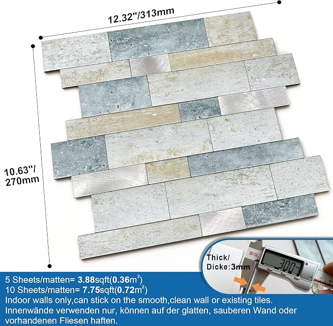 Stone Peel Stick Backsplash Tiles Kitchen Wall Blue Green 10pcs