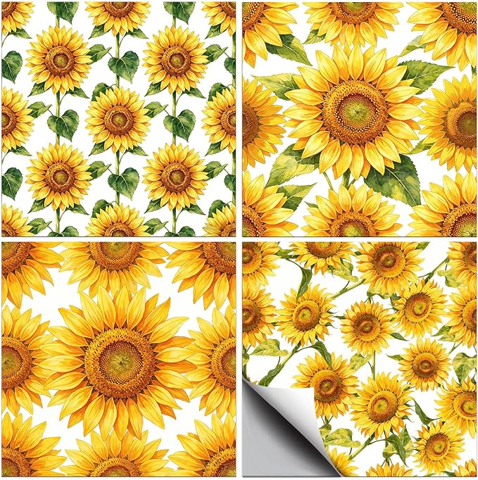 36pcs 4 Styles Sunflower Tile Stickers Yellow Pattern Waterproof PVC Tile Decals for Kitchen Bathroom 4x4 inch
