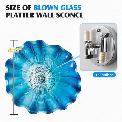 Blue Glass Wall Light Dia 12" Wall Lamp with Murano Glass Shade Vintage Vanity Lighting Fixture with Metal Base Flush Mount Wall Sconce 2-Light for Bathroom, Bedroom, Bedside, Entryway
