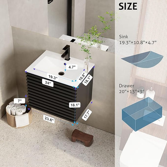 eclife 24" Floating Bathroom Vanity with Sink Combo Mid-Century Wall Mounted Cabinet with Wood Stripes Decor, Drawers, Undermount Single Sink, Faucet, Drain, Black