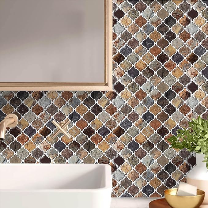 STICKGOO Arabesque Peel and Stick Backsplash, 12”X12” Backsplash Tile for Kitchen Peel and Stick, Self Adhesive Wall Tile Stick on Tiles (Thicker Design, Multicolor Sandstone)