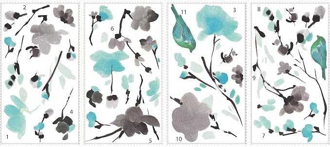 RoomMates Blossom Watercolor Bird Branch Peel and Stick Wall Decals, Multi Color, Vinyl, 33-in x 26.75-in, Made in USA