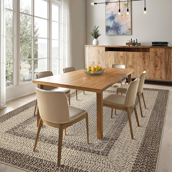 Imitation Braided Collection-Print Large Washable Rug 9x12 Non-Slip Rugs for Living Room, Natural Bordered Carpet, Stain Resistant Thin Foldable Floor Cover Bedroom for Nursery Dining Room