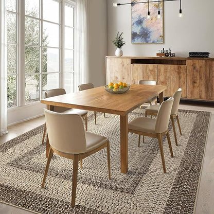 Imitation Braided Collection-Print Area Rug 6x9 Rug for Living Room, Machine Washable Rustic Bordered Area Rug Non Slip Soft Foldable Low Pile Stain Resistant Carpet for Bedroom, Dining Room