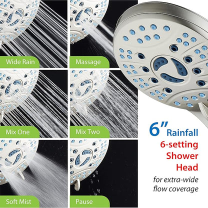 AquaCare 50-mode High Pressure Shower Head Combo with Arm & Dual Power Wash | Hygienic Jets, 2-mode Handheld Power Wash for Tub, Tile & Pets, Long 6 ft. Stainless Steel Hose, Extra Wall Bracket / Nickel