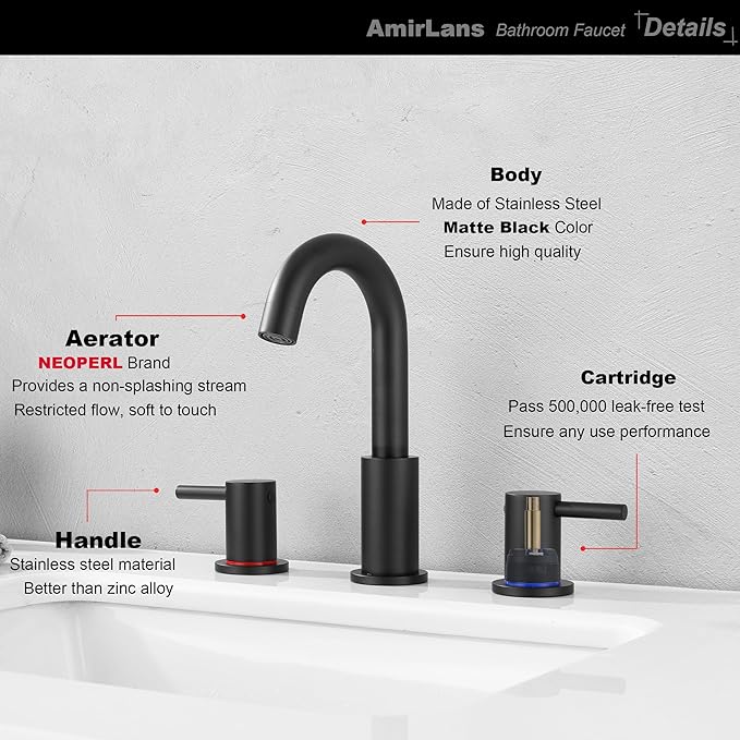 Black Bathroom Faucets 3 Hole, Matte Black Bathroom Faucet with Pop up Drain, Stainless Steel 2 Handle 8 Inch Widespread Vanity Faucet for Bathroom Sink, AML-21754-BK