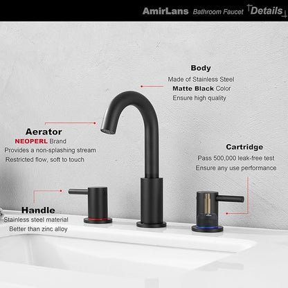 Black Bathroom Faucets 3 Hole, Matte Black Bathroom Faucet with Pop up Drain, Stainless Steel 2 Handle 8 Inch Widespread Vanity Faucet for Bathroom Sink, AML-21754-BK