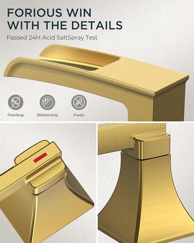 FORIOUS Bathroom Faucet 3 Hole Widespread 8" Sink Faucets Brushed Gold | 3-hole 4-12 Inch Widespread Sink, Square Waterfall Faucets, with Drain and Hoses,for Vanity Rv Commercial Lavatory Restroom