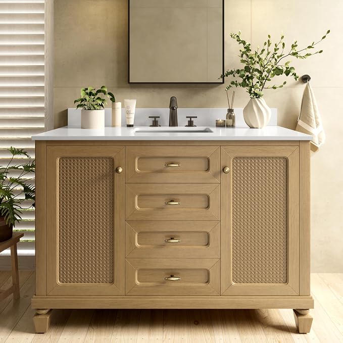 48 Inch Bathroom Vanity with Sink, Light Oak | Fully Pre-Assembled, Solid Wood Bathroom Cabinet, Marble Countertop & Backsplash, Soft Closing 2 Doors & 3 Drawers