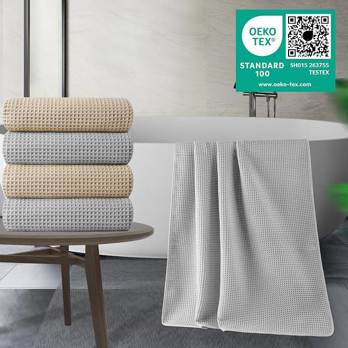 POLYTE 430 GSM Poly Blend Microfiber Quick Dry Waffle Bath Towel, 30x60 in | 4 Pack, Oversize, Lint Free, Body Towel