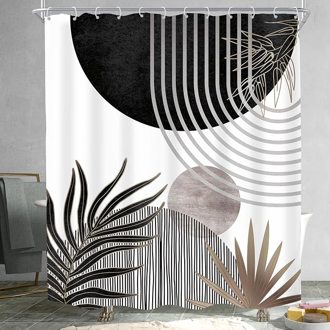 Mid Century Black Gray Boho Abstract Modern Bathroom Shower Curtain Set | 60Wx72L S Plant design, waterproof HD print with fast-drying fabric and 12 hooks.