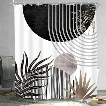Mid Century Black Gray Boho Abstract Modern Bathroom Shower Curtain Set | 60Wx72L S Plant design, waterproof HD print with fast-drying fabric and 12 hooks.