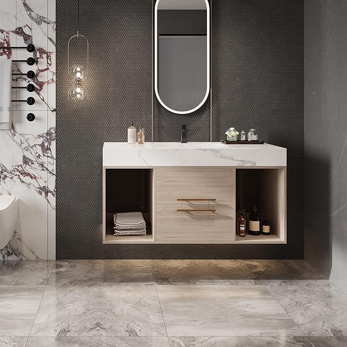 40" Bathroom Vanity with Sink Set, Modern Oak Wall Mounted Bathroom Vanity Cabinet with Sintered Stone Top&Gold Handle 2 Drawers&2 Open Storage, Single Sink Floating Bathroom Vanity
