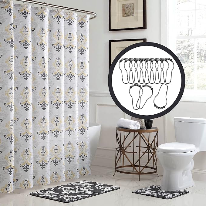 15-Piece Bathroom Shower Curtain Set – Set of 1 Shower Curtain & 12 Metal Hooks & 1 Bath Mat & 1 Contour Mat, Modern Bathroom Décor, Machine Washable, Cameron Yellow/Grey/White