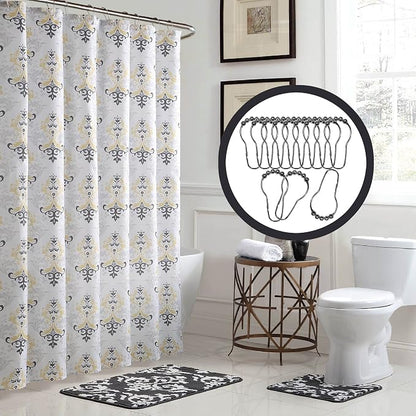 15-Piece Bathroom Shower Curtain Set – Set of 1 Shower Curtain & 12 Metal Hooks & 1 Bath Mat & 1 Contour Mat, Modern Bathroom Décor, Machine Washable, Cameron Yellow/Grey/White