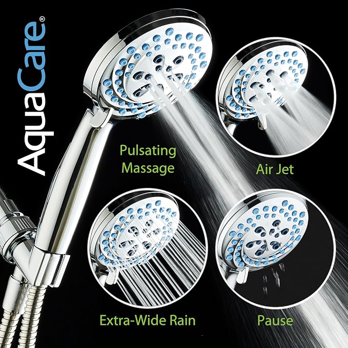 AquaCare New 8-mode High Pressure Handheld Shower Head w/ 2-way Power Wash | Stay Clean Nozzles, Dual Power Wash for Tub, Tile & Pets, Long 6 ft. Stainless Steel Hose, Wall & Overhead Brackets / Chrome
