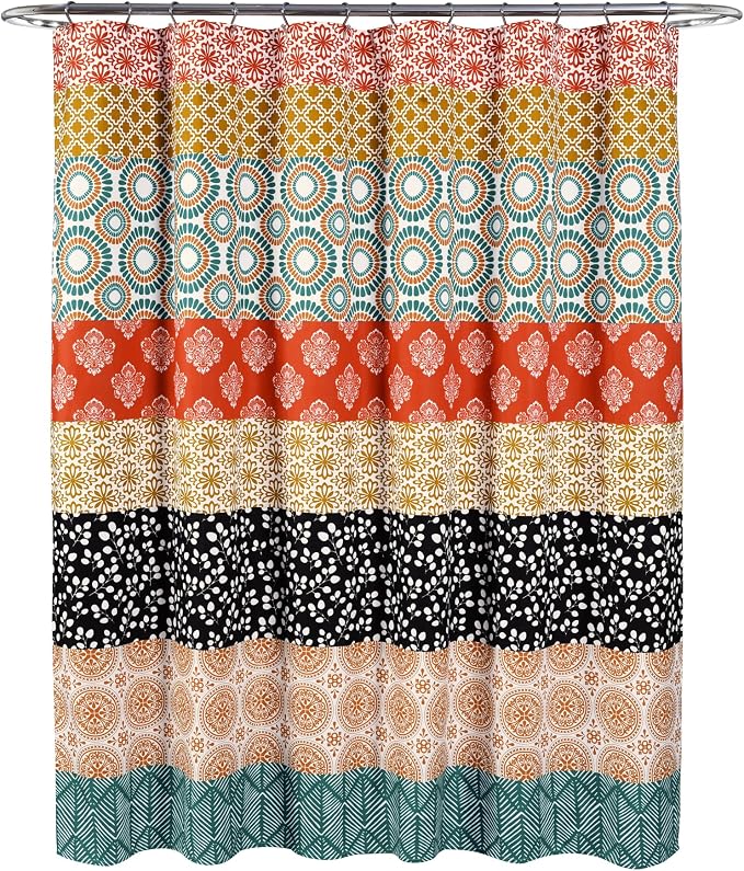 Lush Decor Bohemian Stripe Shower Curtain 72" W x 78" L Turquoise & Orange - Bathroom Curtain - Extra Long Shower Curtain - Boho Decor - Fabric Shower Curtains