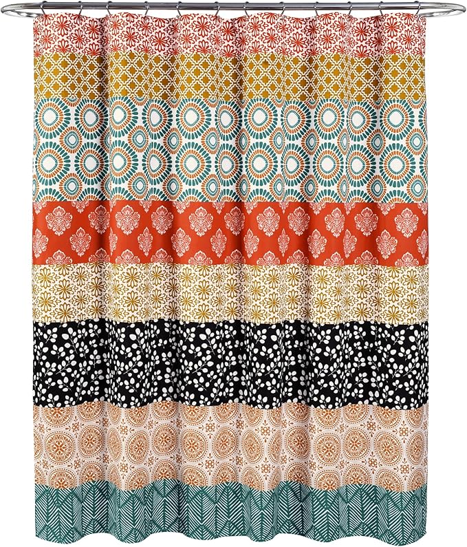 Lush Decor Bohemian Stripe Shower Curtain 72" W x 78" L Turquoise & Orange - Bathroom Curtain - Extra Long Shower Curtain - Boho Decor - Fabric Shower Curtains