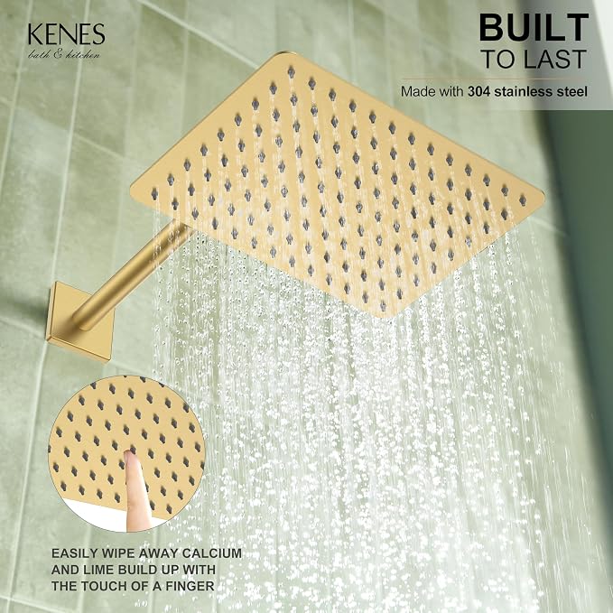 KENES Brushed Gold Square Rainfall Shower System Faucet Set with Handheld | Shower Faucet with 10-Inch Rain Shower Head, Square Shower System, Valve Included, Lead-Free cUPC & NSF Certified, Stainless