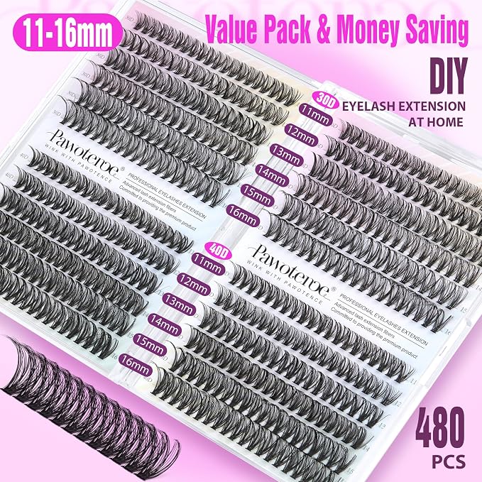 Lash Clusters 480pcs Individual Lashes 30D 40D Cluster Eyelash Extensions 11-16mm Eyelash Clusters Lash Extensions for Self Application (30D&40D, 0.07D, 11-16mm Value Pack)