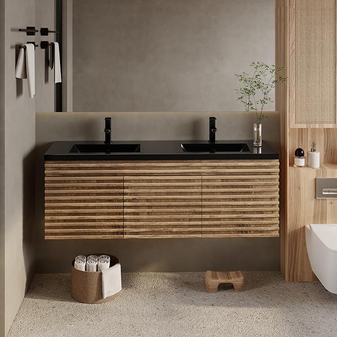 eclife 60" Floating Bathroom Vanity with Sink Combo, Mid-Century Wall Mounted Cabinet with Wood Stripes Decor, Drawers, Undermount Double Black Sink, Faucet, Drain, Light Walnut