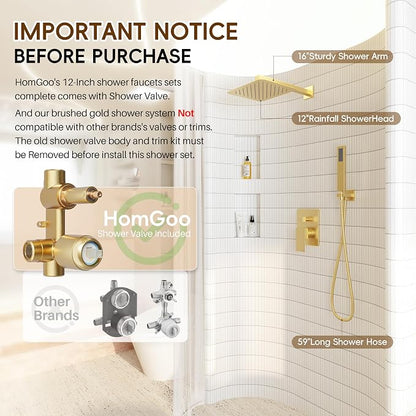 Gold Shower System, Shower Faucet Set with 12" Rain Shower head | All Metal Bathroom Wall Mounted High Pressure Shower head with handheld Combo Set Included Valve and Trim kit