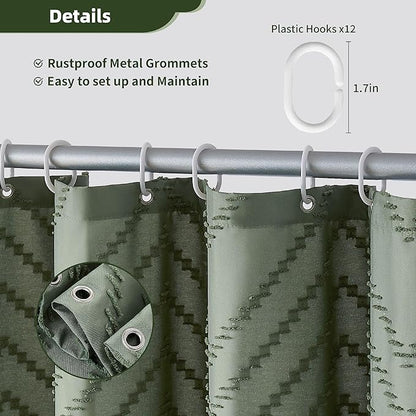 Extra Long Sage Green Shower Curtain with Tassel, Woven Fabric 90 in, Tufted Chevron Striped, 72 x 90, Modern Chic Textured Minimalist Bathroom