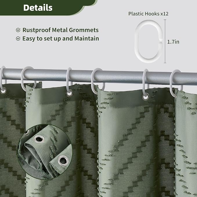 Siiluminisoy Extra Long Sage Green Boho Shower Curtain with Tassel, Woven Fabric 96 in Shower Curtain, Tufted Chevron Striped, 72 x 96, Modern Chic Textured Minimalist Bathroom Shower