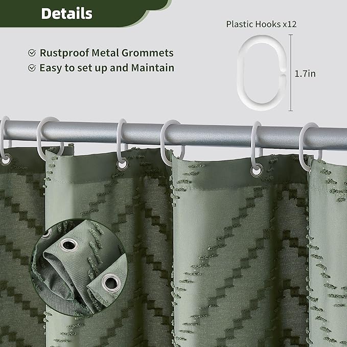 Extra Long Sage Green Boho Shower Curtain with Tassel, Woven Fabric 84 in Shower Curtain, Tufted Chevron Striped, 72 x 84, Modern Chic Textured Minimalist Bathroom Shower