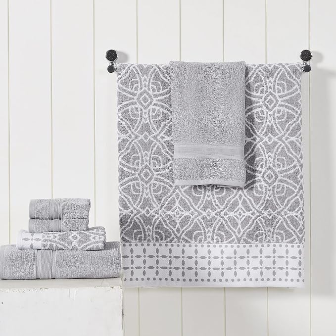 Modern Threads Monroe 6-Piece 100% Cotton Towel Set – Reversible Yarn Dyed Jacquard & Solid – Includes 2 Bath Towels, 2 Hand Towels, 2 Washcloths – Absorbent, Quick Dry, Soft & Durable – Stone