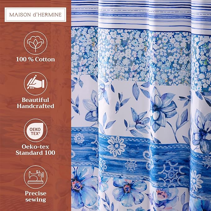 Maison d' Hermine Shower Curtain 100% Cotton One Panel 70"x72" Washable Fabric Shower Curtains for Bathroom, Easy Hanging with 12 Button Holes - Home Hotel Spa Easter Gifts (Summer Blues)