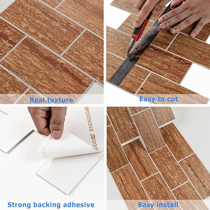 STICKGOO 10-Sheet Backsplash Peel and Stick Subway Tile(Thicker Design, Faux Red Travertine)