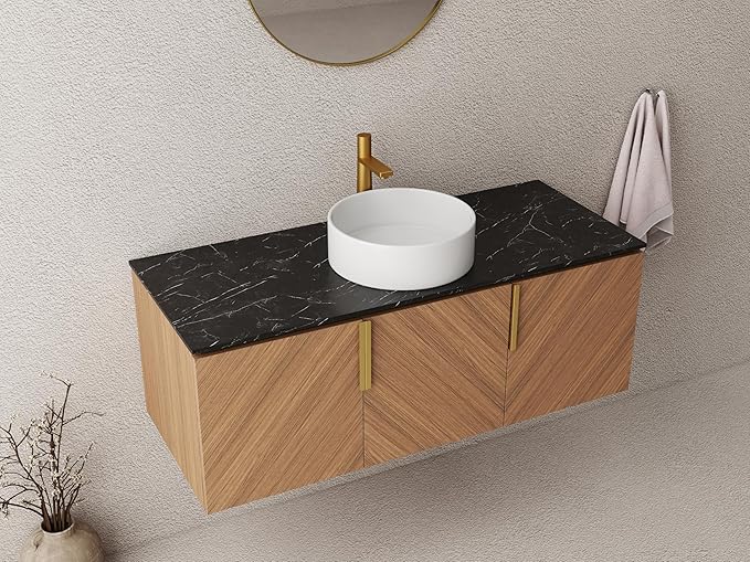 LKTART 48 Inch Bathroom Vanity with Sink, Modern Wall Mounted Bathroom Sink with 3 Doors, Black Sintered Stone Countertop and White Round Ceramic Basin