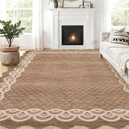 GarveeHome Washable Scalloped Rug 9x12 Area Rugs, Modern Neutral Living Room Rugs, Large Washable Farmhouse Carpet Abstract Bordered Carpet for Bedroom Apartment Table Dorm Nursery, Brown